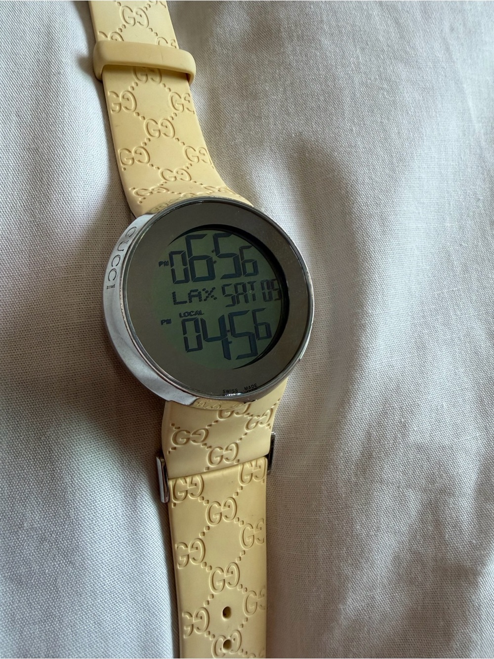 Gucci Cream Digital Round Watch with GG Embossed Silicone Strap
